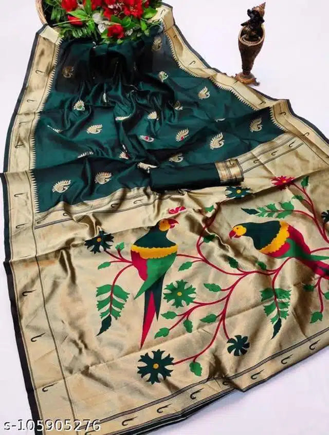 Banarasi Silk Saree With Blouse For Women (Green, 6.3M)